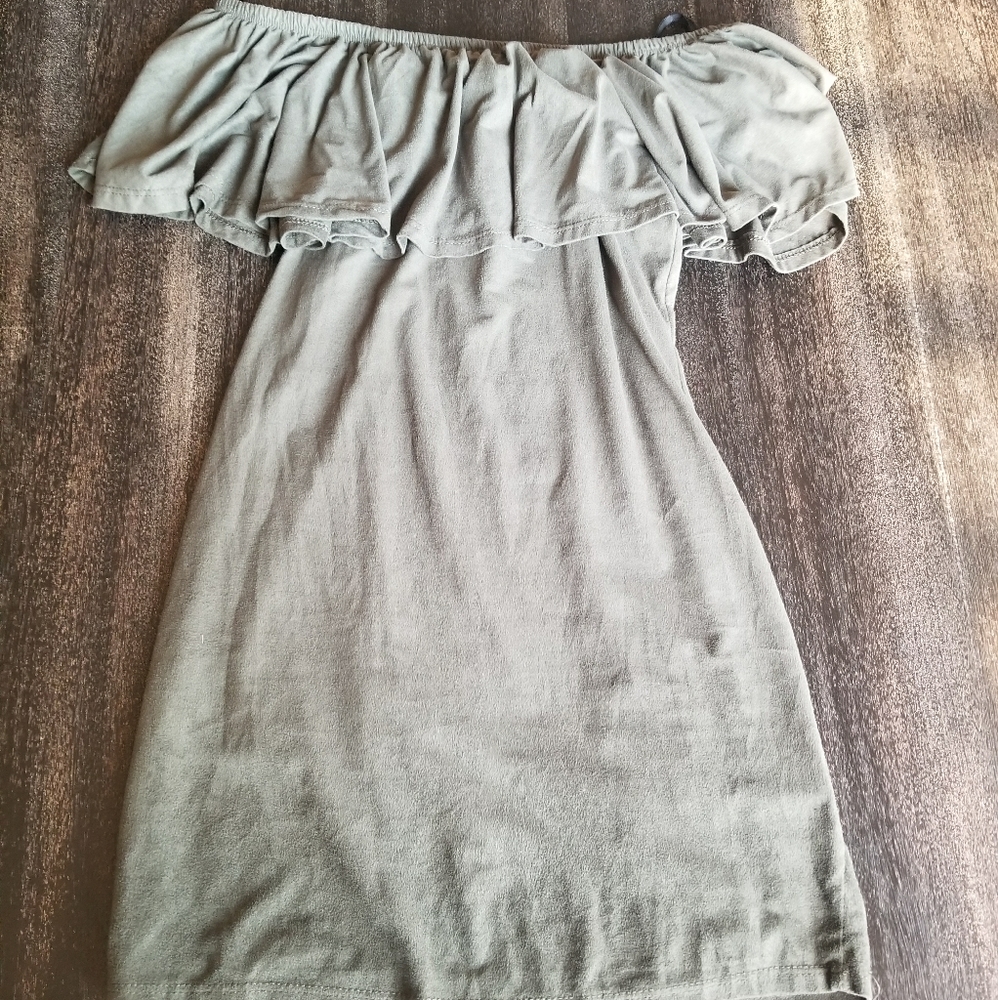 Forest green suede bodycon off the shoulder dress